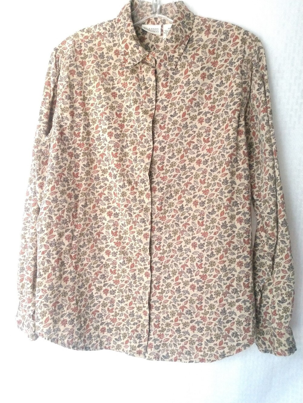 Classic Elements Women's Long Sleeve Shirt Brown Ditzy Leaf Print Fall Medium
